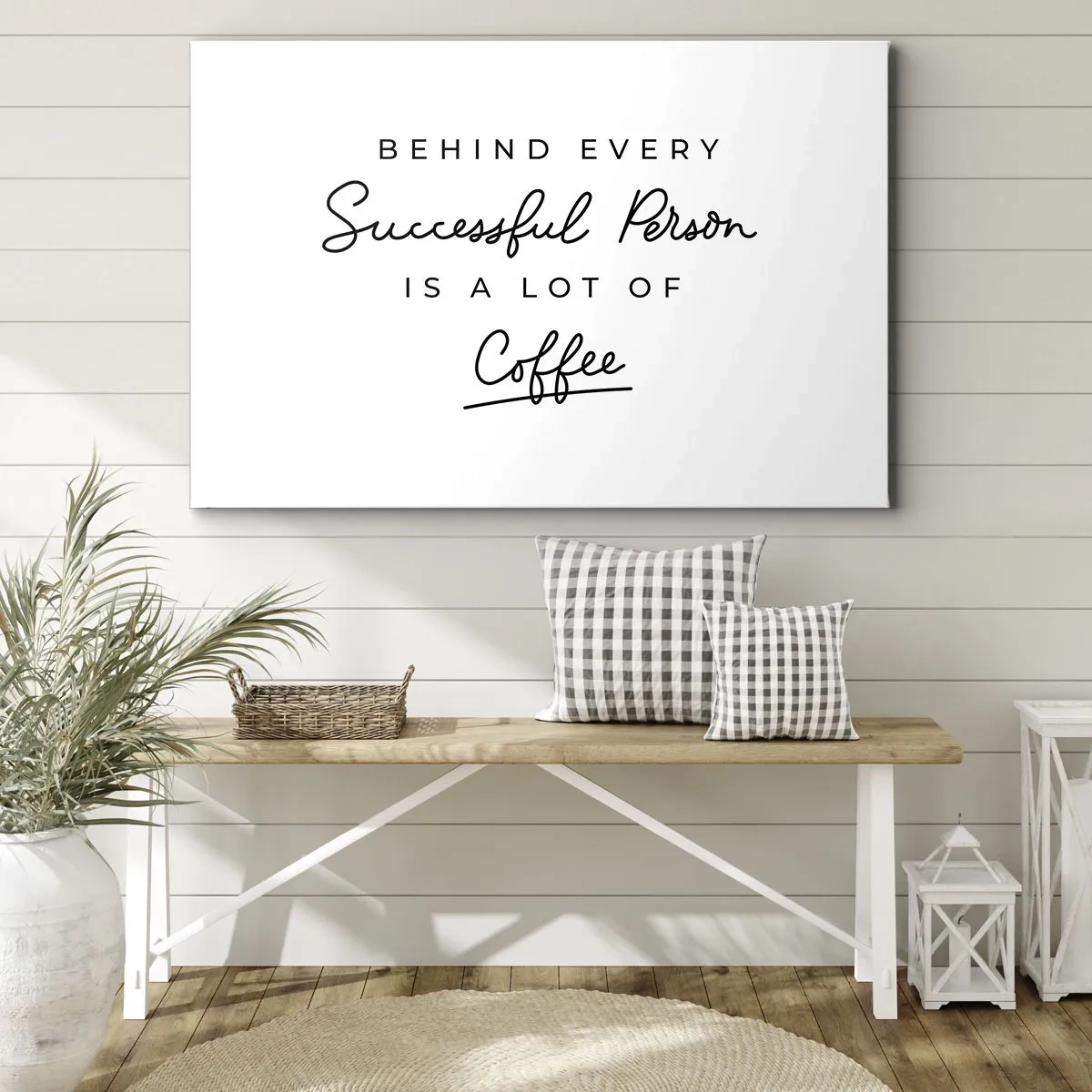 Quadro em tela - Uma citação minimalista sobre sucesso e café em um fundo branco. - 70x50cm - O segredo do sucesso - Decoração de parede moderna para a sala de estar e quarto ARTTOR