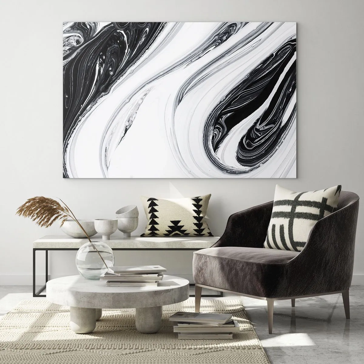 Quadro em vidro - Linhas pretas e brancas em espiral que lembram mármore em um estilo abstrato - 70x50cm - Uma combinação de opostos - Decoração de parede moderna para a sala de estar e quarto ARTTOR