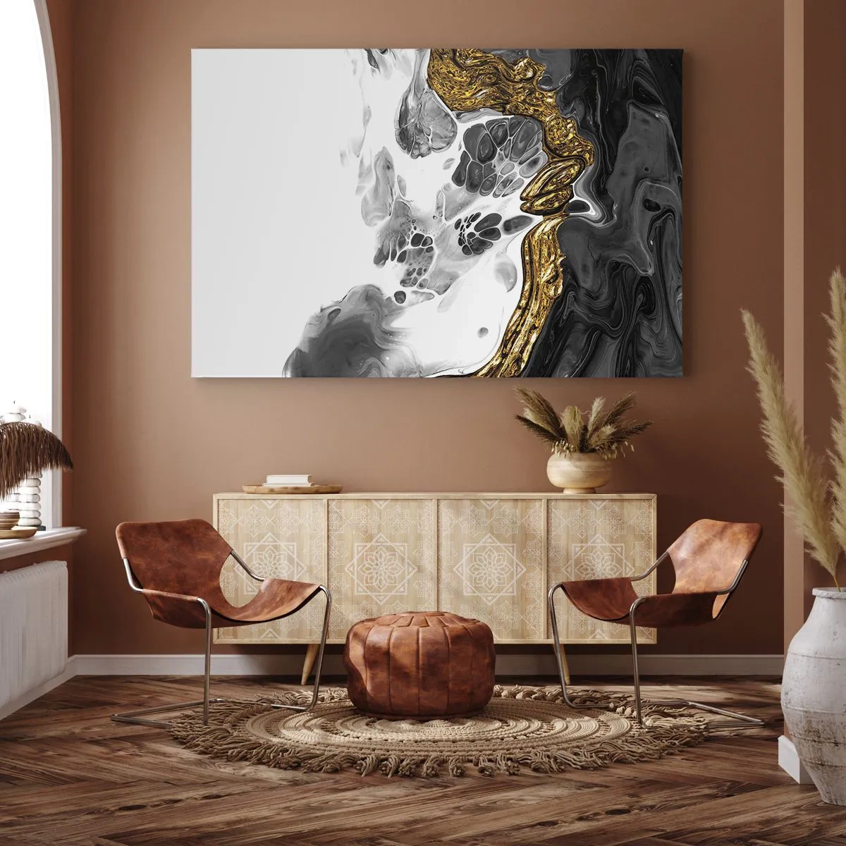 Quadro em tela - Uma composição abstrata com toques de dourado e preto. - 70x50cm - Composição orgânica - Decoração de parede moderna para a sala de estar e quarto ARTTOR