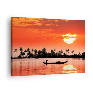 Quadro em tela - Pôr do sol tropical com um barco e palmeiras ao fundo - 70x50cm - A calma dos trópicos ao pôr do sol - Decoração de parede moderna para a sala de estar e quarto ARTTOR