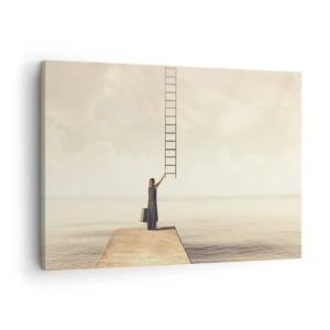 Quadro em tela - Uma mulher em pé em um píer com uma escada que leva ao céu - 70x50cm - Uma viagem mágica - Decoração de parede moderna para a sala de estar e quarto ARTTOR
