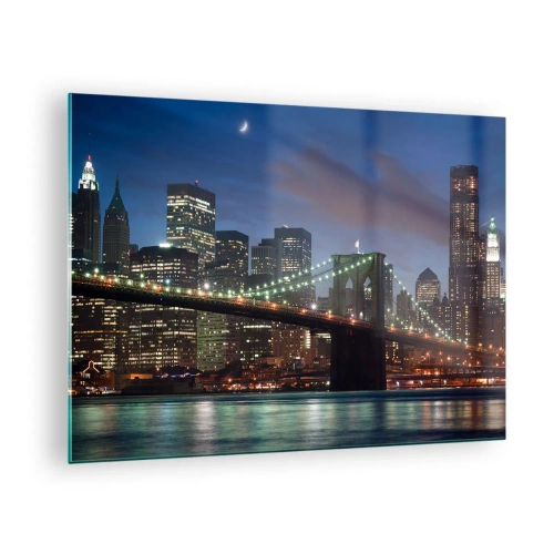 Quadro em vidro - Panorama da cidade com a ponte iluminada por luzes noturnas - 70x50cm - Noite brilhante - Decoração de parede moderna para a sala de estar e quarto ARTTOR