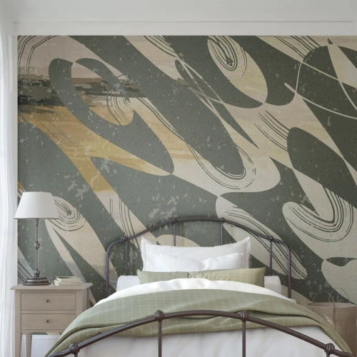 Papel de Parede Standard Eco - Uma composição verde e bege com formas abstratas dinâmicas - 100x70cm - Abstração rítmica - Decoração de parede moderna para a sala de estar e quarto ARTTOR