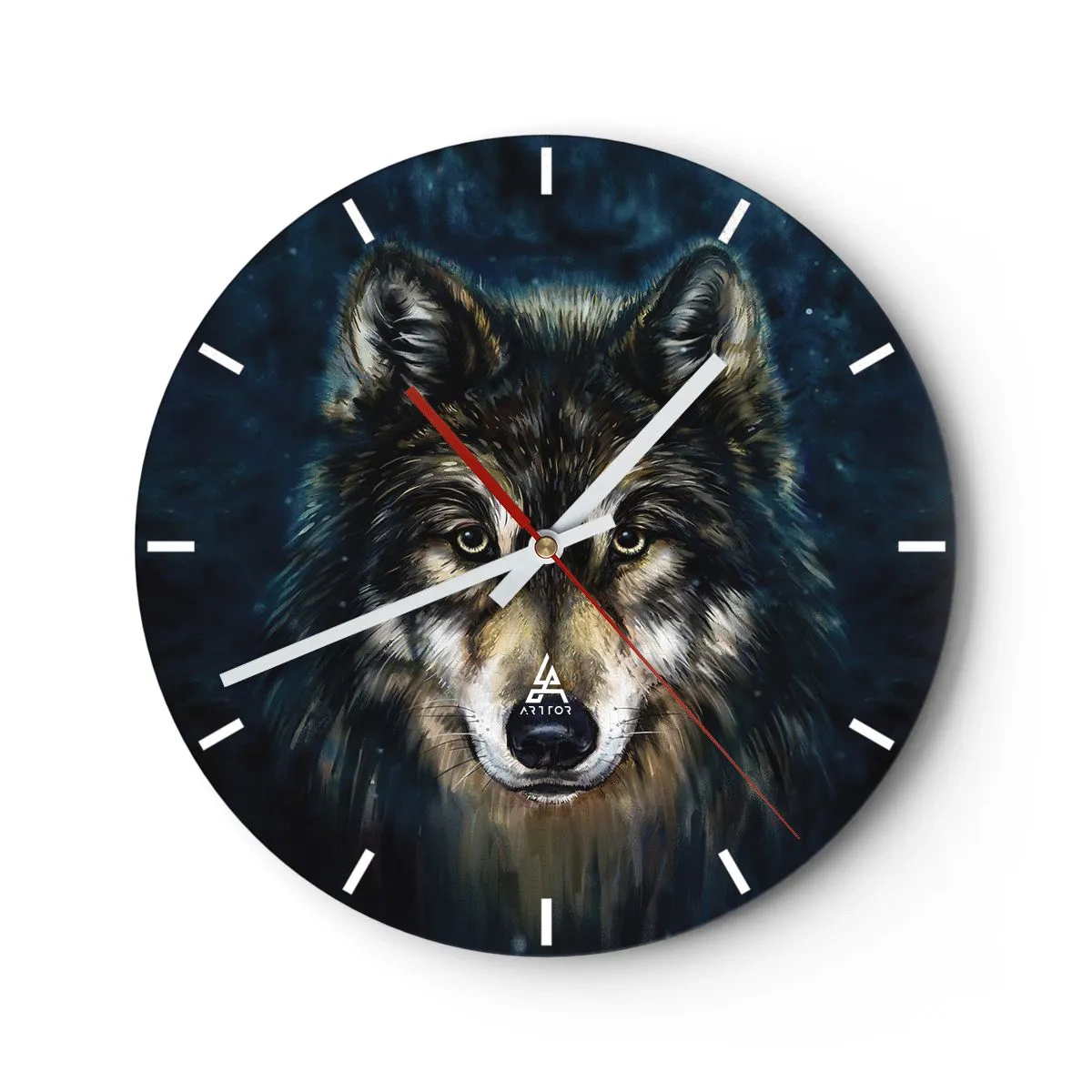Relógio de parede - Relógio em vidro - Retrato de um lobo contra um céu noturno azul escuro - 30x30cm - Alfa? E ómega - Decoração de parede moderna para a sala de estar, cozinha e quarto ARTTOR