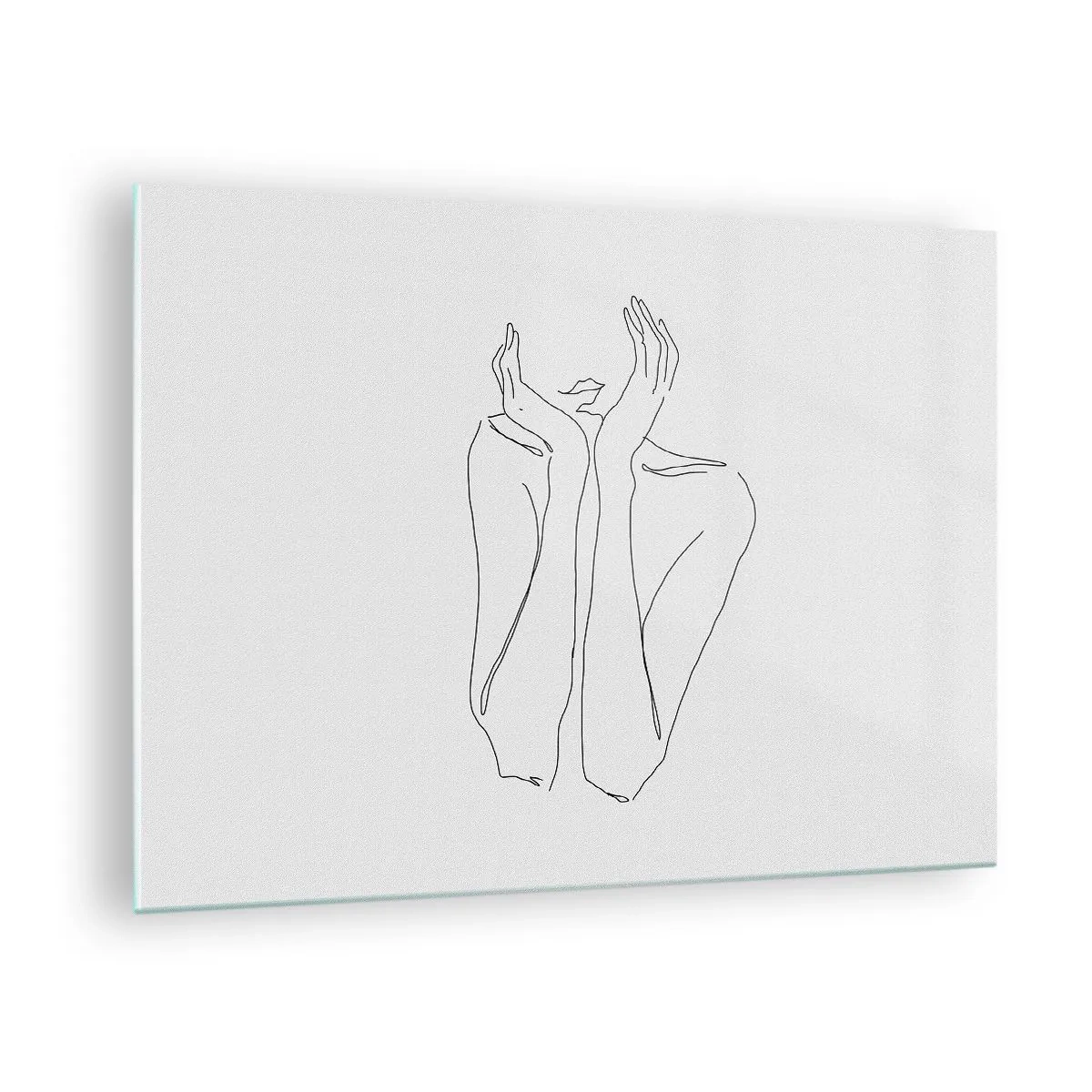 Quadro em vidro - Um desenho minimalista das mãos e do rosto de uma mulher - 70x50cm - Com o que sonham as meninas  - Decoração de parede moderna para a sala de estar e quarto ARTTOR
