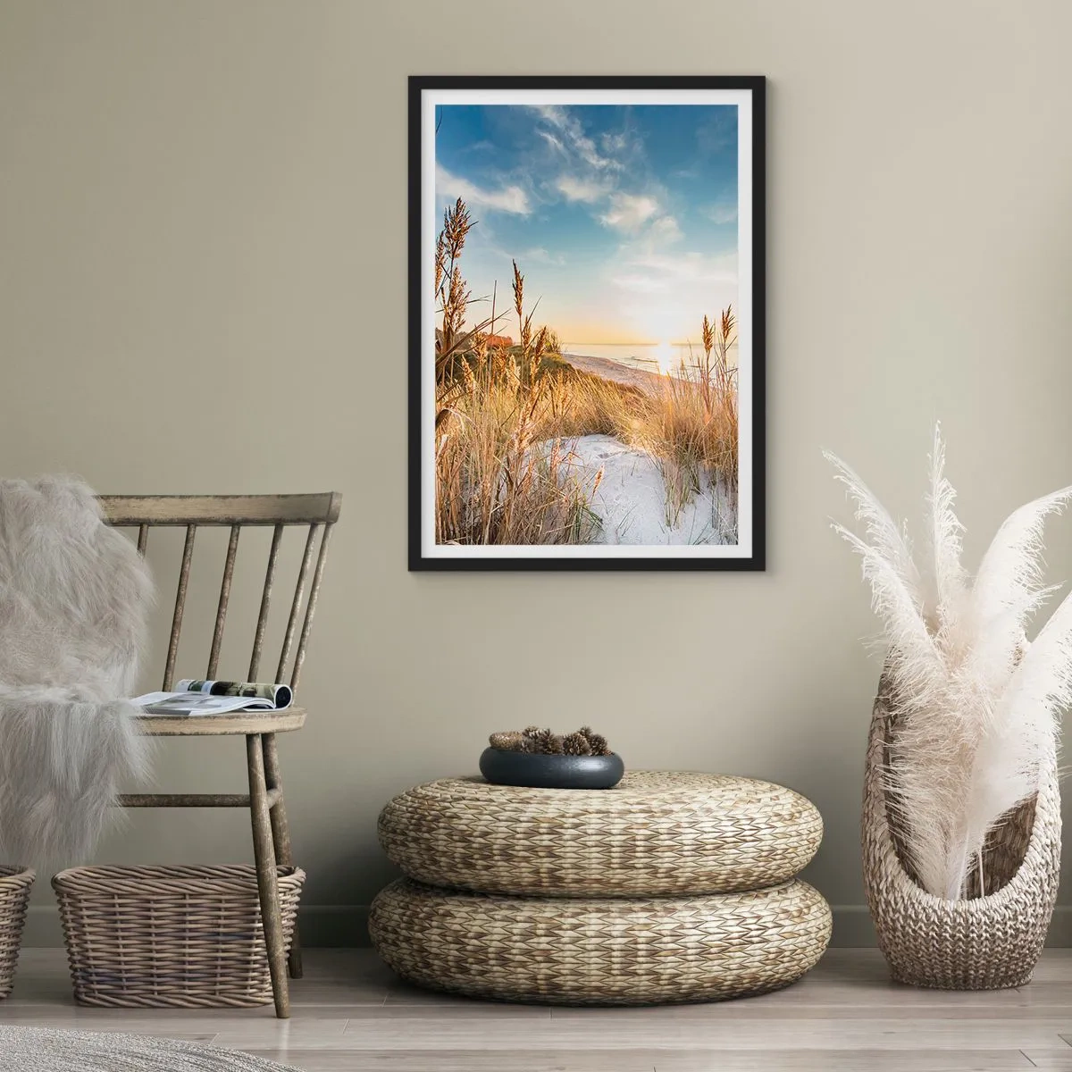 Pôster com moldura preta - Paisagem de praia ensolarada com gramíneas nas dunas - 50x70cm - Praia do Norte - Decoração de parede moderna para a sala de estar e quarto ARTTOR
