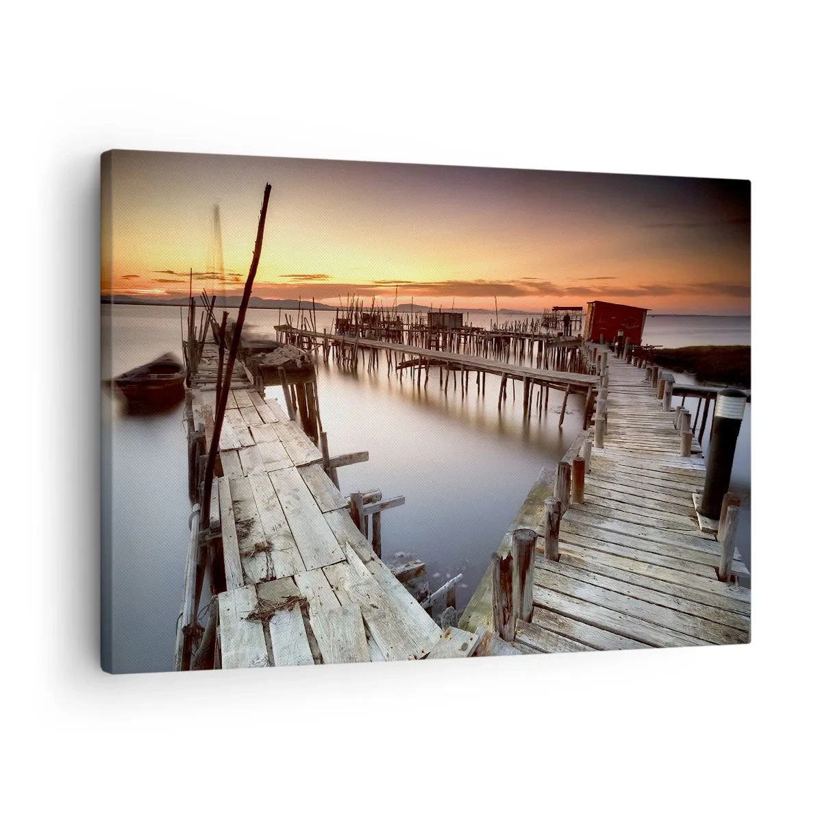Quadro em tela - Cais de madeira em águas calmas ao pôr do sol - 70x50cm - Turismo autêntico, não fictício - Decoração de parede moderna para a sala de estar e quarto ARTTOR