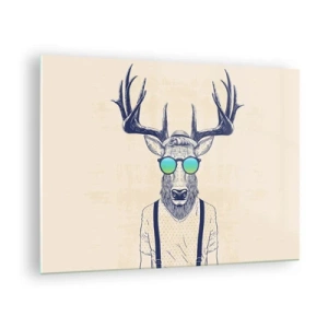 Quadro em vidro - Um cervo elegante com óculos de sol em um fundo claro - 70x50cm - E quem esperavas? - Decoração de parede moderna para a sala de estar e quarto ARTTOR
