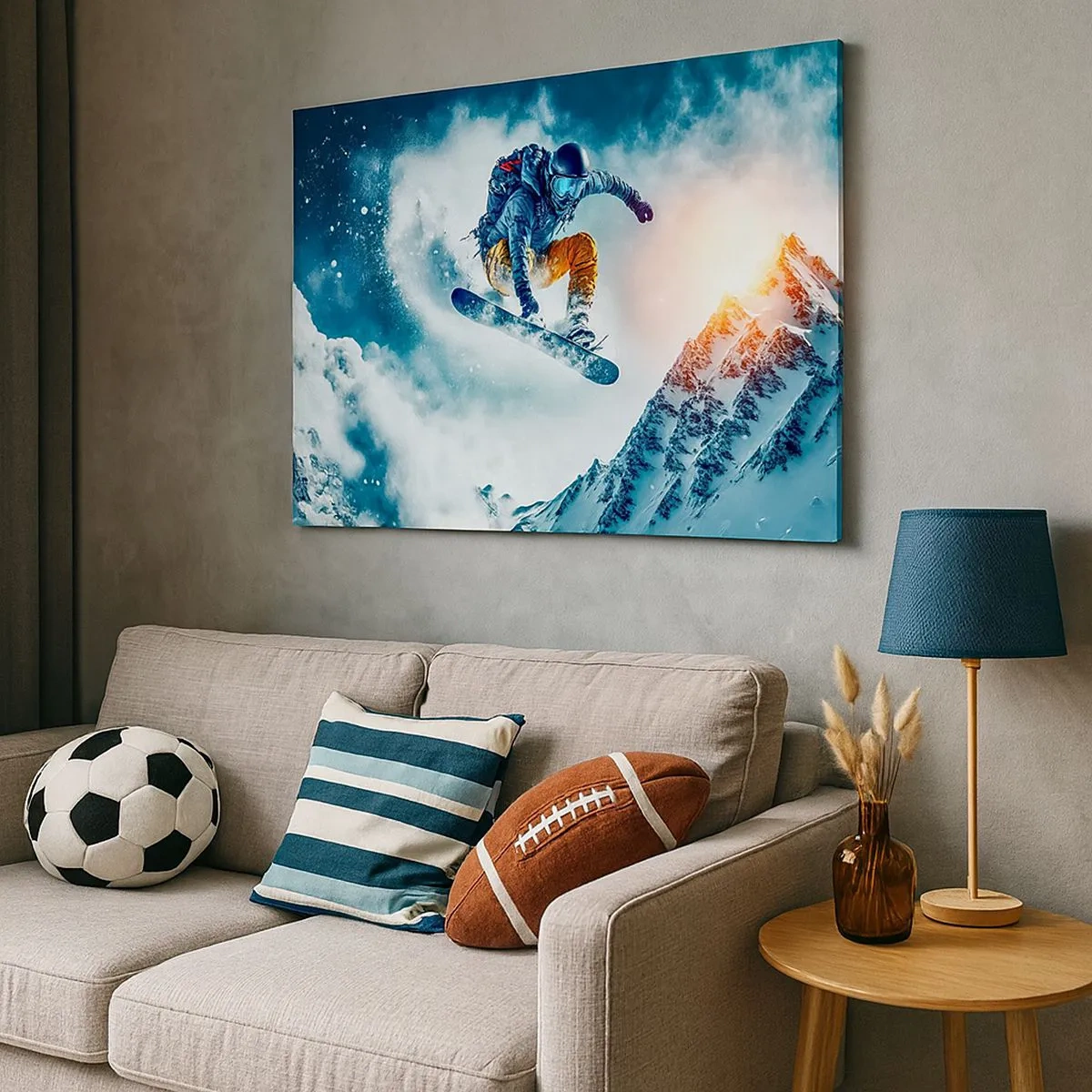Quadro em tela - Um snowboarder voa sobre montanhas cobertas de neve - 70x50cm - Emoções extremas - Decoração de parede moderna para a sala de estar e quarto ARTTOR