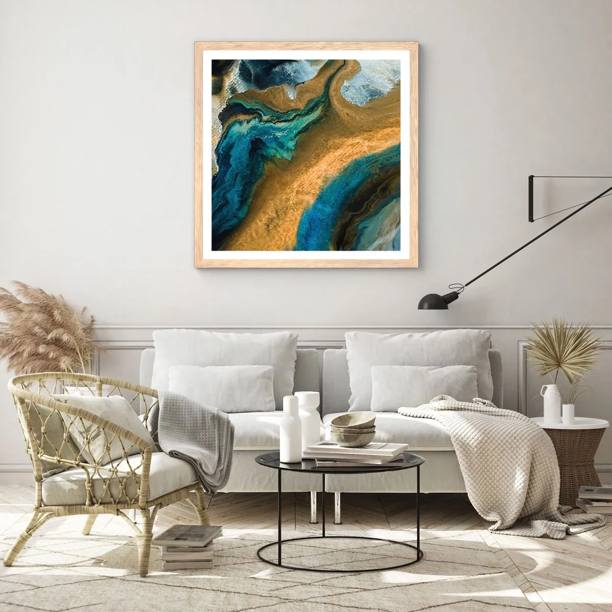 Pôster com moldura de carvalho claro - Azul – amarelo – influências mútuas - 40x40 cm