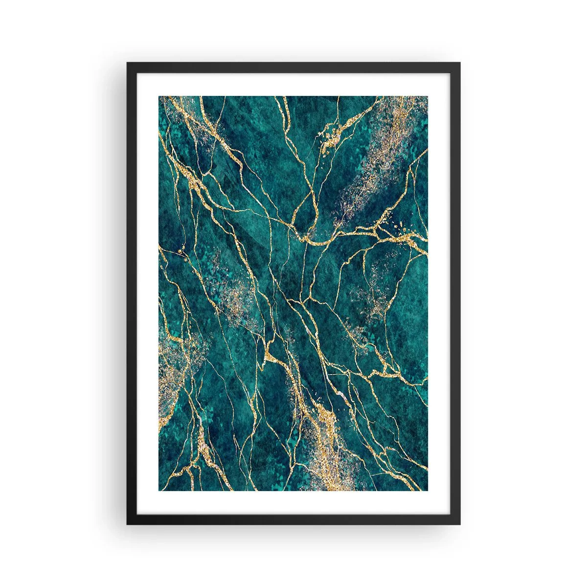 Pôster com moldura preta - Veios dourados abstratos sobre fundo de mármore verde - 50x70cm - Veia dourada - Decoração de parede moderna para a sala de estar e quarto ARTTOR