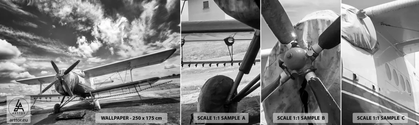 Amostra de Papel de Parede Standard Eco - Mal posso esperar! - Avião, Aeronave, Preto e branco - 100x30 cm