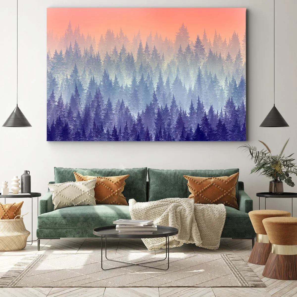 Quadro em tela - Uma floresta enevoada em tons de roxo e laranja - 70x50cm - Alto, mais alto, para o céu - Decoração de parede moderna para a sala de estar e quarto ARTTOR