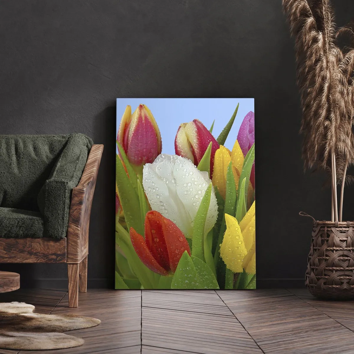 Quadro em tela - Arco-íris floral em gotas de orvalho - 50x70 cm