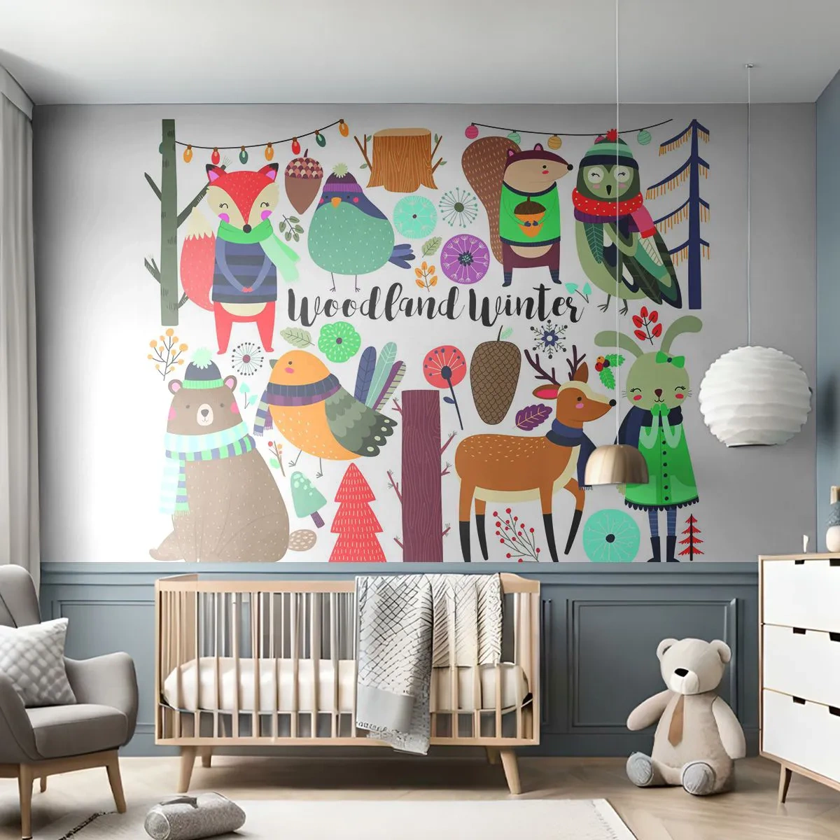 Papel de Parede Premium Canvas - Natal de conto de fadas na floresta - Para crianças, Inverno na floresta, Animais - 250x175 cm