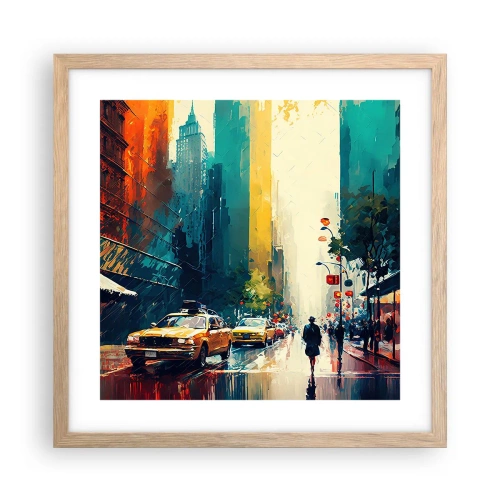 Pôster com moldura de carvalho claro - Nova York – até a chuva é colorida aqui - 40x40 cm