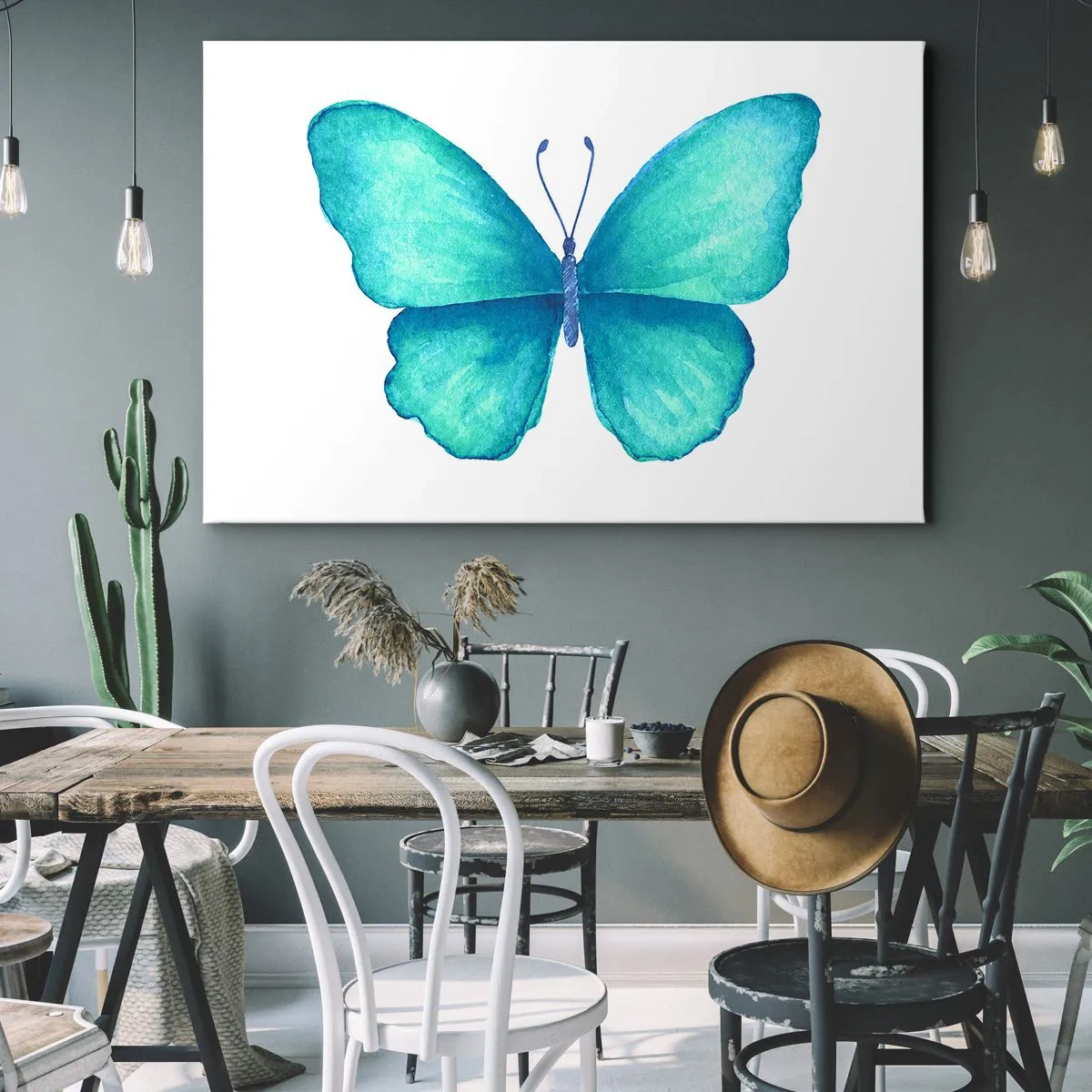 Quadro em tela - Borboleta azul em estilo aquarela sobre fundo branco - 70x50cm - Turquesa por natureza - Decoração de parede moderna para a sala de estar e quarto ARTTOR