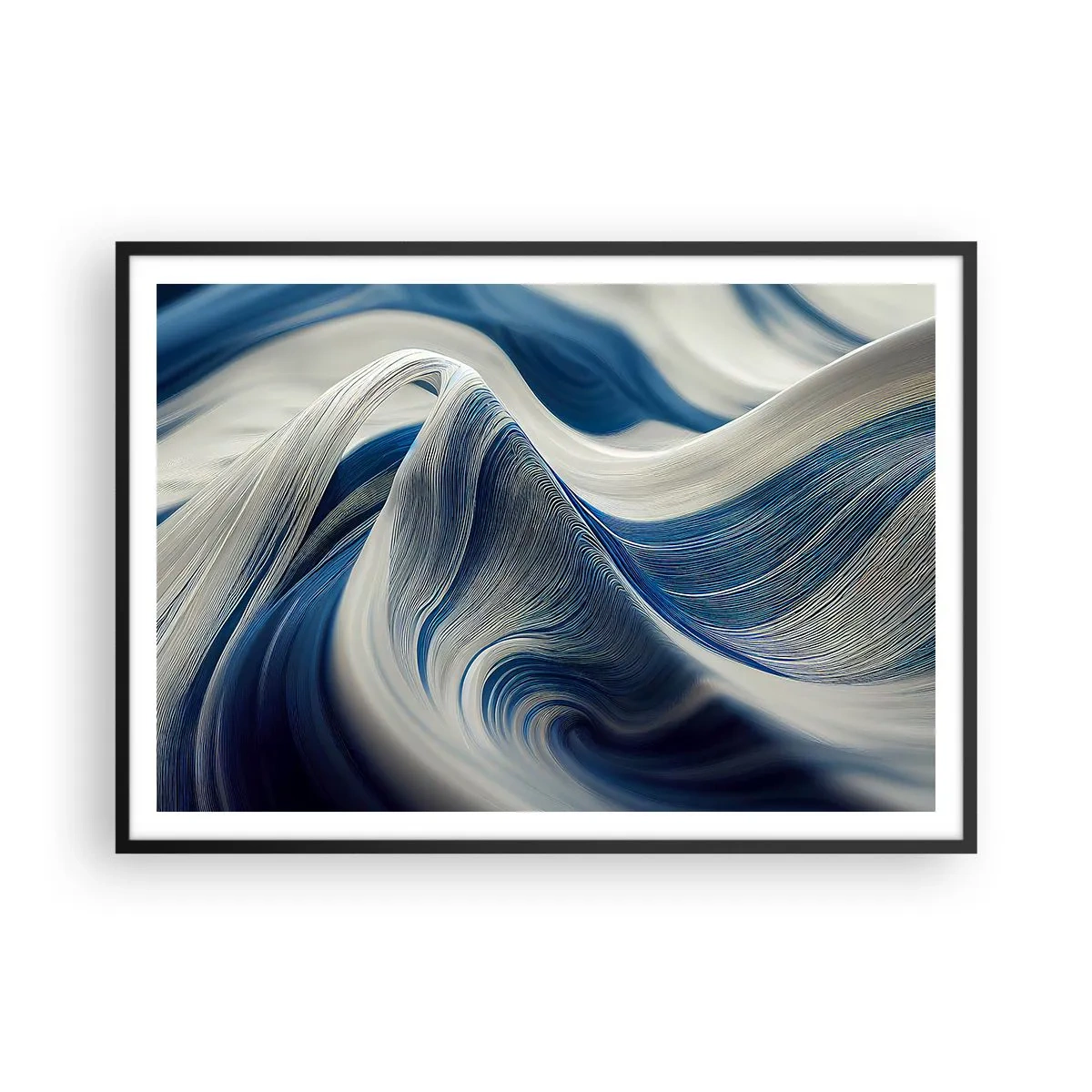 Pôster com moldura preta - A fluidez do azul e do branco - 100x70 cm
