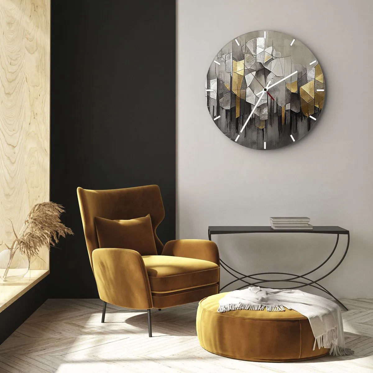 Relógio de parede - Relógio em vidro - Estrutura geométrica com tons de cinza e dourado - 30x30cm - Composição de gelo e luz - Decoração de parede moderna para a sala de estar, cozinha e quarto ARTTOR