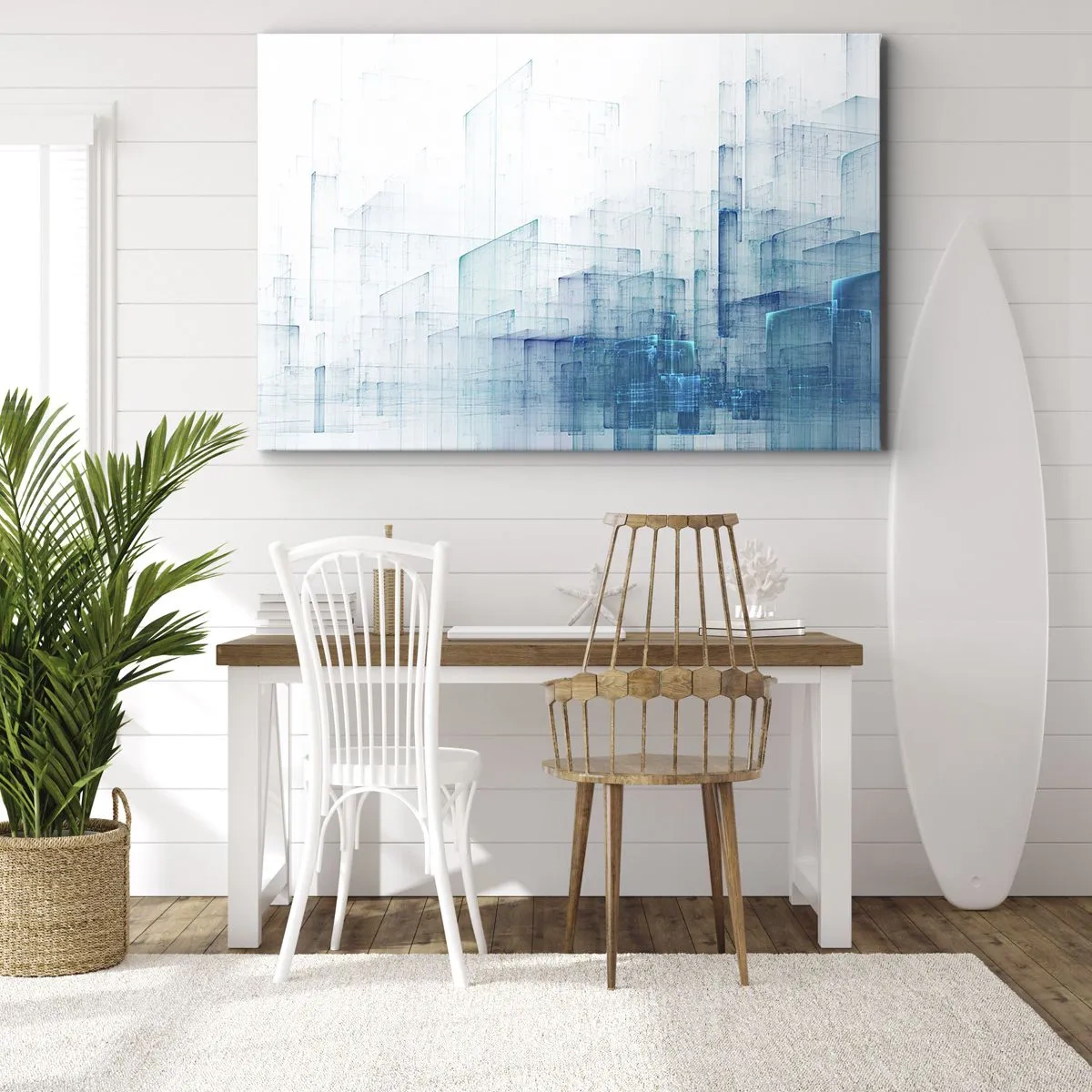 Quadro em tela - Formas geométricas abstratas em tons de azul - 70x50cm - Como o espaço ficou - Decoração de parede moderna para a sala de estar e quarto ARTTOR