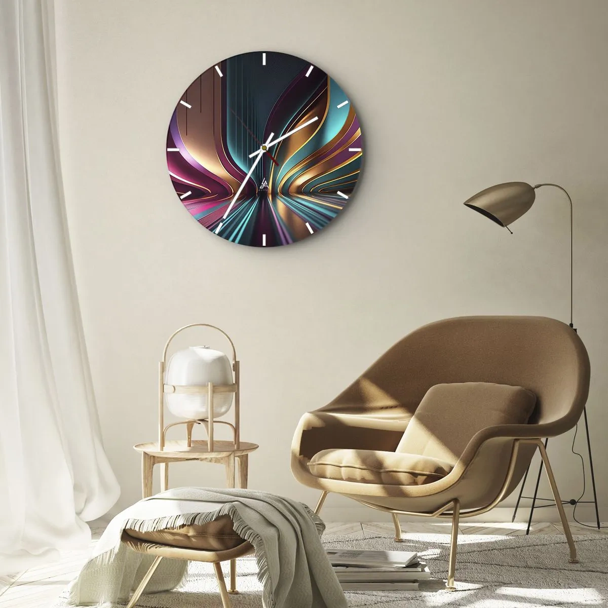 Relógio de parede - Relógio em vidro - Linhas de luz futuristas em dourado, turquesa e roxo - 30x30cm - Arquitetura de luz - Decoração de parede moderna para a sala de estar, cozinha e quarto ARTTOR