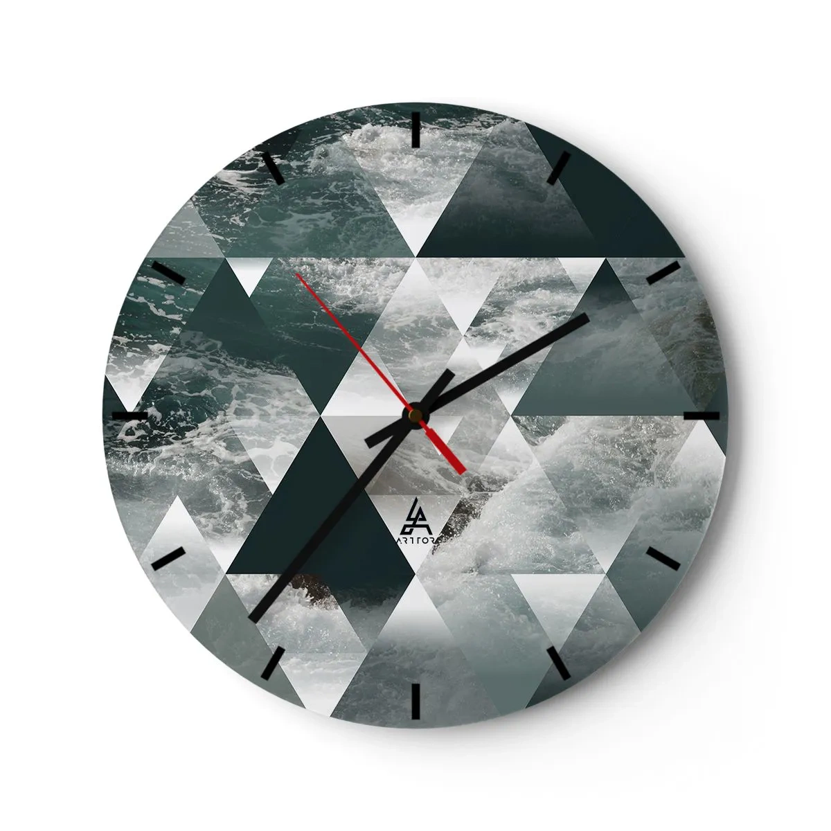 Relógio de parede - Relógio em vidro - Triângulos geométricos com um motivo de oceano tempestuoso - 30x30cm - Uma perspetiva de cristal - Decoração de parede moderna para a sala de estar, cozinha e quarto ARTTOR