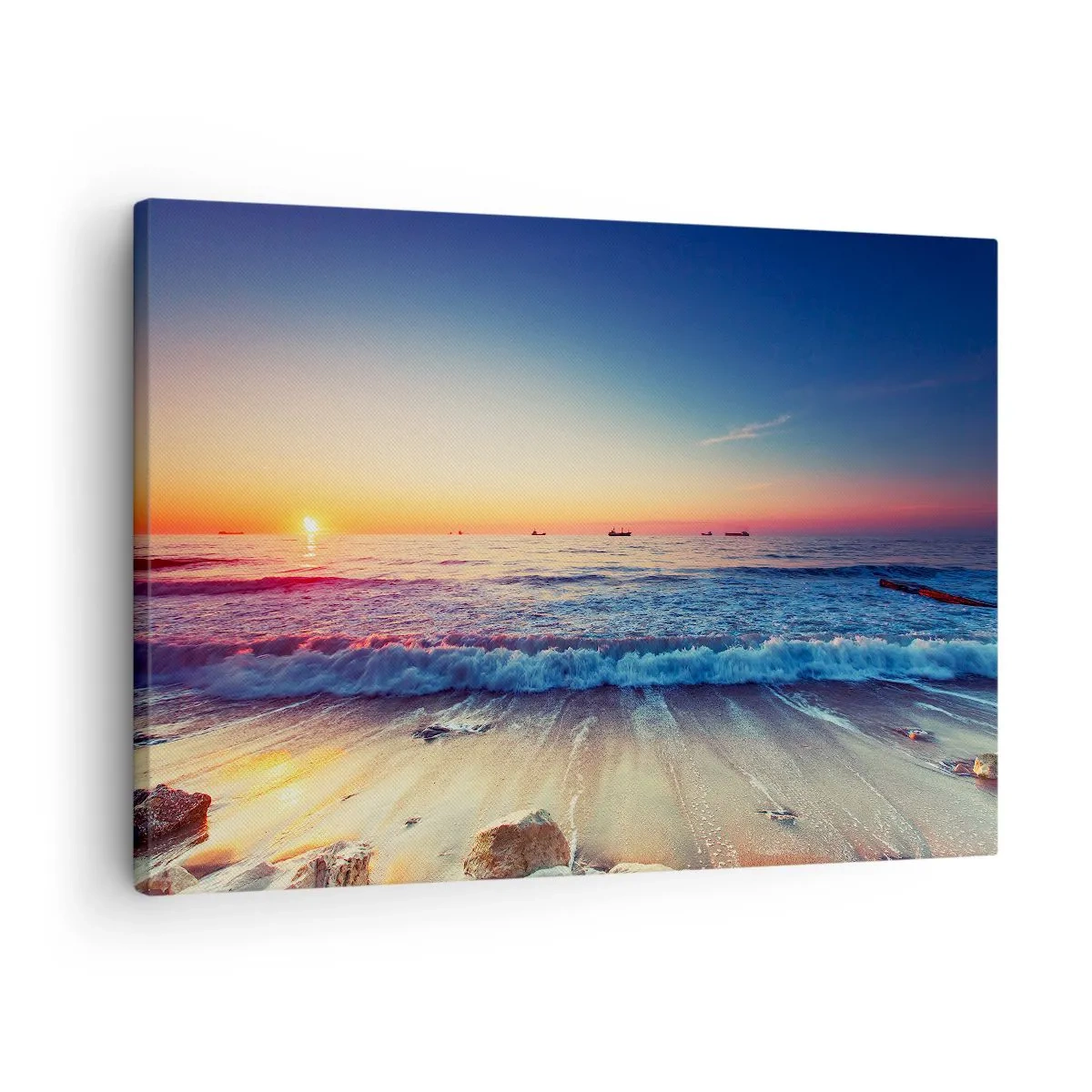 Quadro em tela - Pôr do sol sobre um mar calmo com ondas - 70x50cm - E além do horizonte? - Decoração de parede moderna para a sala de estar e quarto ARTTOR