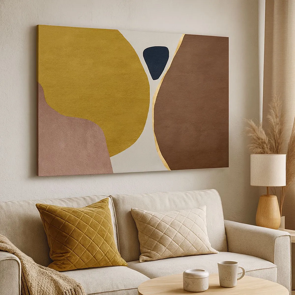 Quadro em tela - Uma composição abstrata com formas geométricas em cores quentes. - 70x50cm - Abstração – um lugar no espaço - Decoração de parede moderna para a sala de estar e quarto ARTTOR