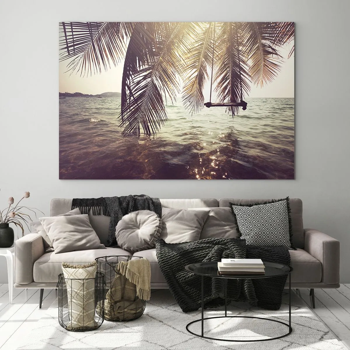 Quadro em vidro - Uma praia com palmeiras e um balanço sobre um mar calmo - 70x50cm - Deixe-se levar pela imaginação - Decoração de parede moderna para a sala de estar e quarto ARTTOR