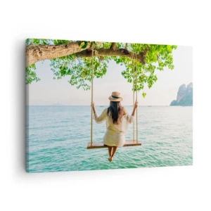 Quadro em tela - Mulher em um balanço à beira-mar em uma paisagem tropical - 70x50cm - A vida é bela - Decoração de parede moderna para a sala de estar e quarto ARTTOR