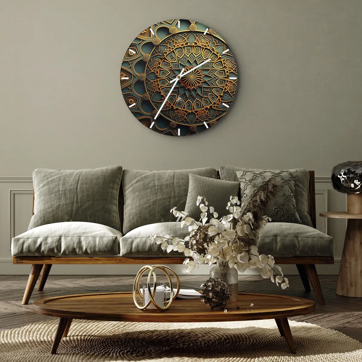 Relógio de parede - Relógio em vidro - Mosaico de estilo árabe dourado e turquesa com padrão geométrico - 30x30cm - Em uma atmosfera árabe - Decoração de parede moderna para a sala de estar, cozinha e quarto ARTTOR