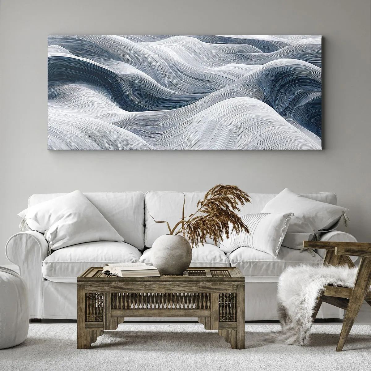 Quadro em tela - Ondas brancas e azuis - 100x40 cm