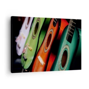 Quadro em tela - Guitarras coloridas em diferentes tons dispostas em uma fileira - 70x50cm - A guitarra tem muitas cores - Decoração de parede moderna para a sala de estar e quarto ARTTOR