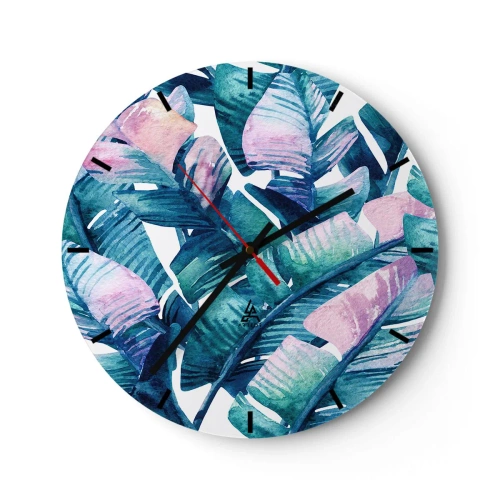 Relógio de parede - Relógio em vidro - Folhas tropicais em tons de verde e rosa - 30x30cm - Em um bananeiro - Decoração de parede moderna para a sala de estar, cozinha e quarto ARTTOR