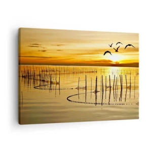 Quadro em tela - Pôr do sol sobre a água com pássaros voando - 70x50cm - Na pescaria - Decoração de parede moderna para a sala de estar e quarto ARTTOR