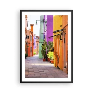 Pôster com moldura preta - Uma rua colorida com plantas e fachadas de edifícios vibrantes - 50x70cm - Beco arco-íris - Decoração de parede moderna para a sala de estar e quarto ARTTOR