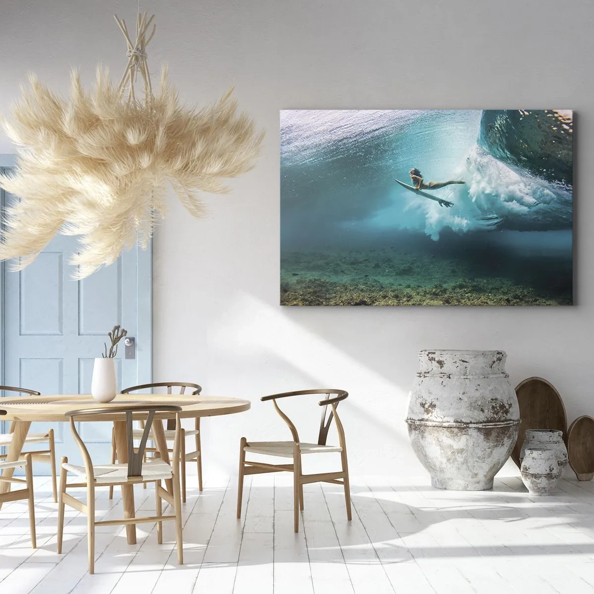 Quadro em tela - Surfista sob uma onda na água azul do oceano - 70x50cm - O mundo subaquático - Decoração de parede moderna para a sala de estar e quarto ARTTOR