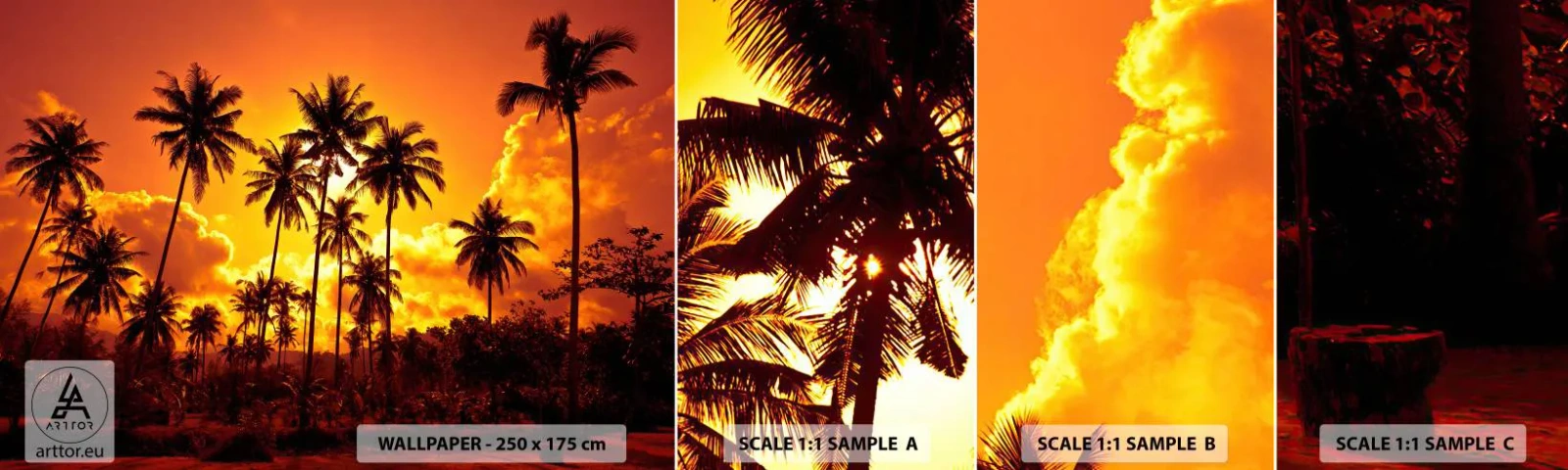 Amostra de Papel de Parede Standard Eco - Montanhas em chamas, florestas em chamas - Palmeiras, Trópicos, Sol - 100x30 cm