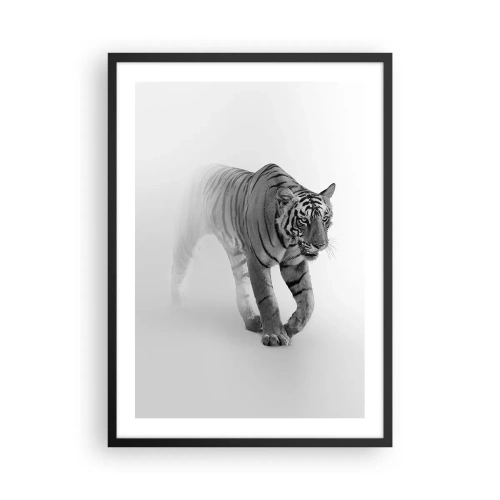 Pôster com moldura preta - Um tigre preto e branco emergindo da neblina - 50x70cm - À espreita na névoa - Decoração de parede moderna para a sala de estar e quarto ARTTOR