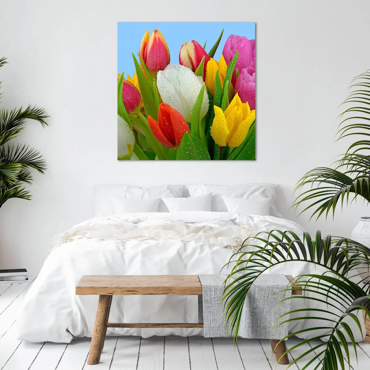 Quadro em tela - Arco-íris floral em gotas de orvalho - 40x40 cm
