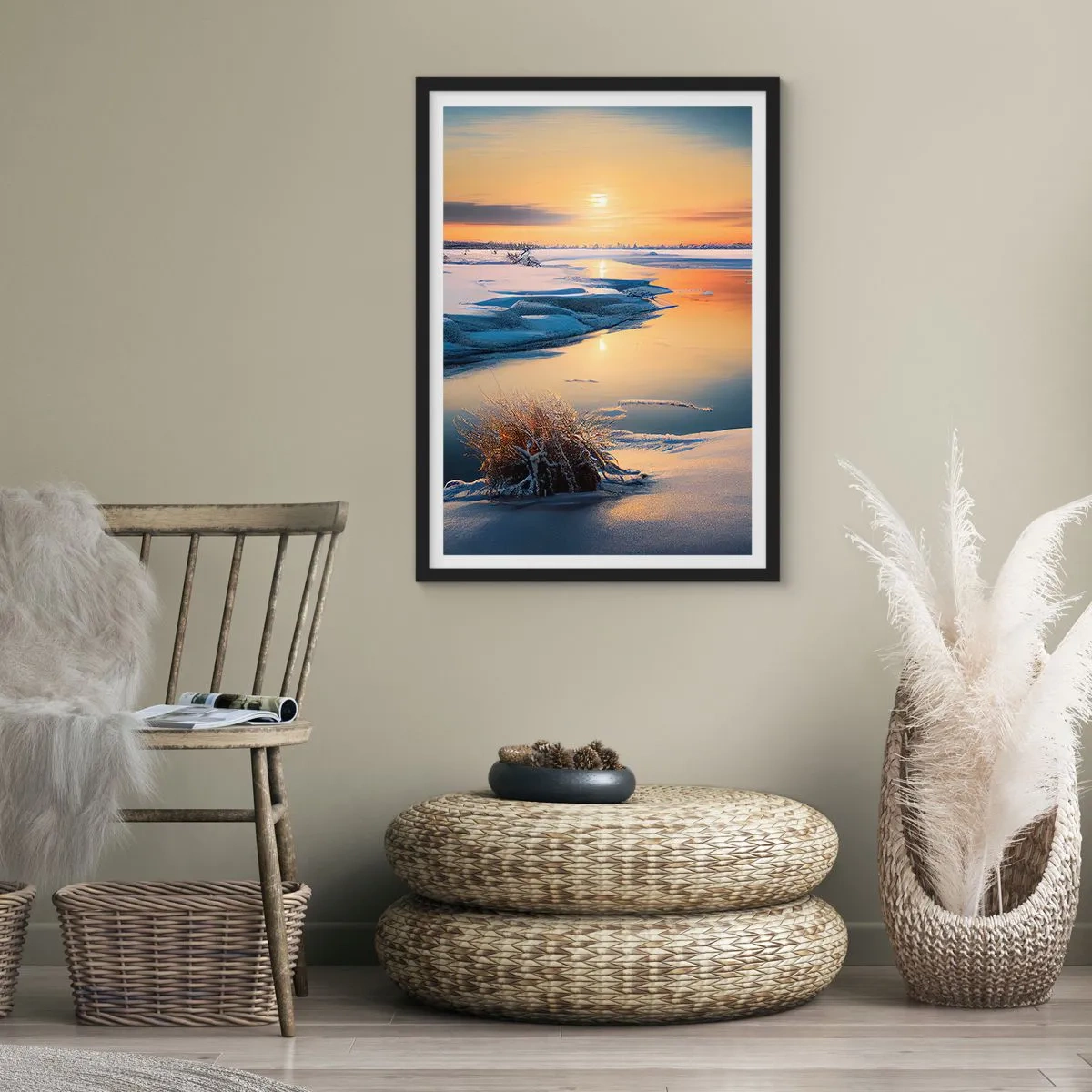 Pôster com moldura preta - Pôr do sol de inverno - 61x91 cm