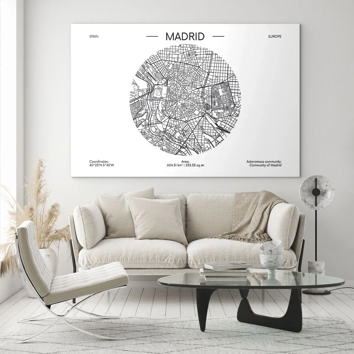 Quadro em vidro - Um mapa minimalista de Madri em preto e branco, em formato circular. - 70x50cm - Anatomia de Madri - Decoração de parede moderna para a sala de estar e quarto ARTTOR