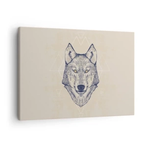Quadro em tela - Um lobo geométrico em um fundo claro com padrões minimalistas. - 70x50cm - Alfa com um olhar penetrante - Decoração de parede moderna para a sala de estar e quarto ARTTOR