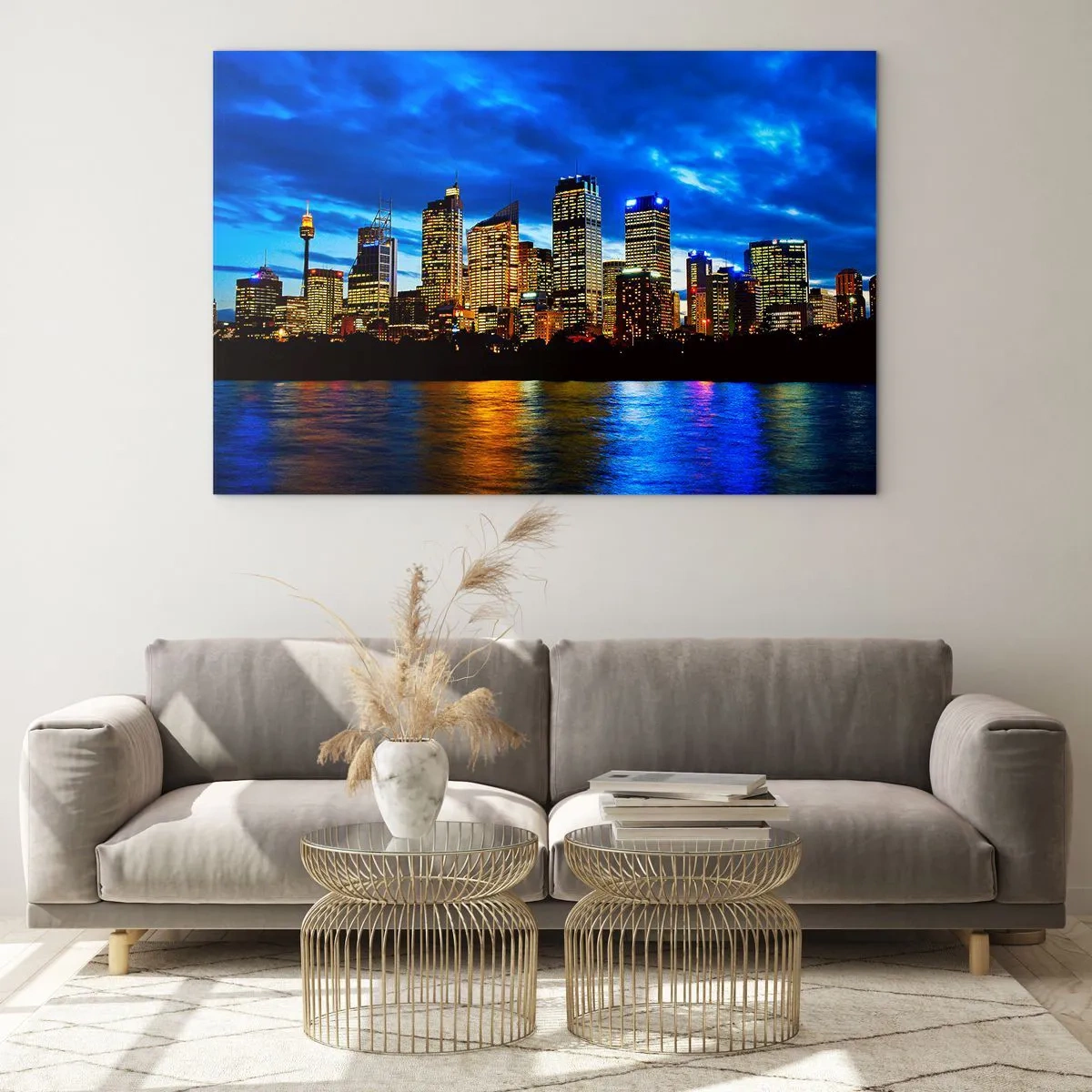 Quadro em vidro - Panorama da cidade noturna refletida na água - 70x50cm - Uma noite de luzes e cores - Decoração de parede moderna para a sala de estar e quarto ARTTOR