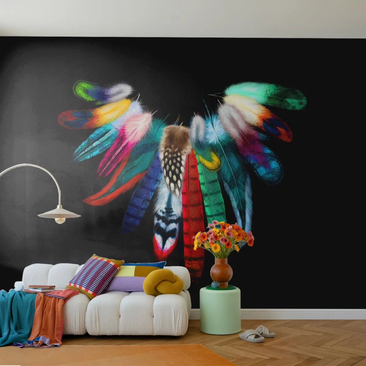 Papel de Parede Premium Canvas - Colar indiano - Pena de pássaro, Boho, Gráficos - 250x175 cm