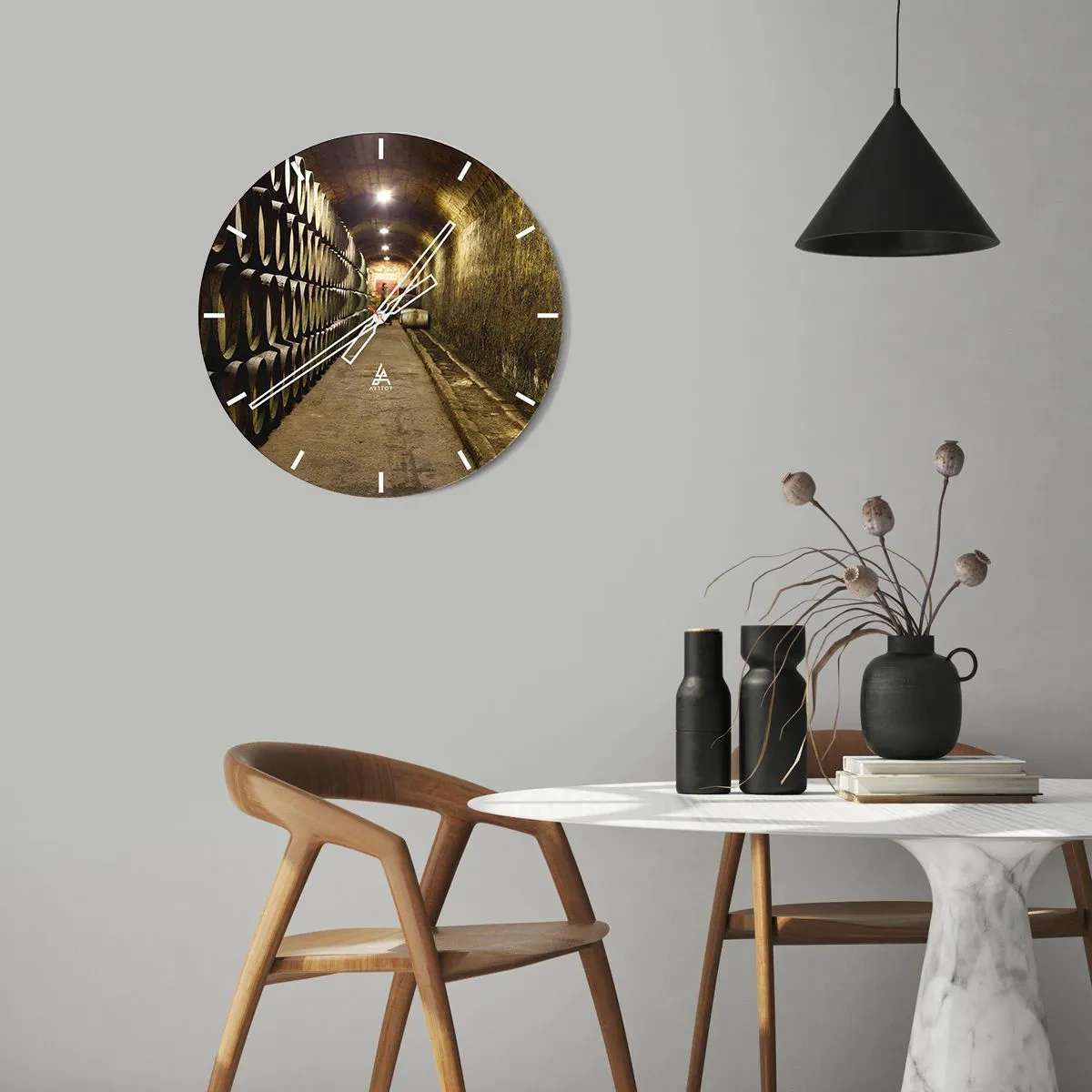 Relógio de parede - Relógio em vidro - Interior de uma adega com barris de vinho de madeira - 30x30cm - É bom deitar-se - Decoração de parede moderna para a sala de estar, cozinha e quarto ARTTOR