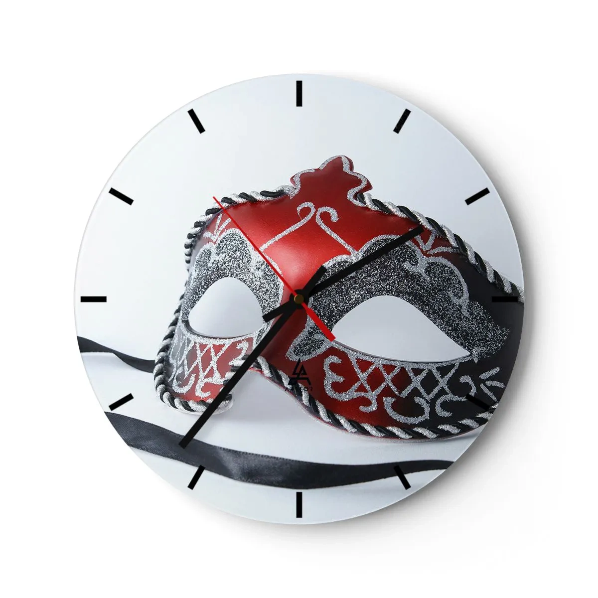 Relógio de parede - Relógio em vidro - Máscara de carnaval em tons de vermelho e preto - 30x30cm - Convite para o baile - Decoração de parede moderna para a sala de estar, cozinha e quarto ARTTOR
