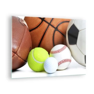 Quadro em vidro - Um conjunto de bolas esportivas em um fundo branco - 70x50cm - Adoramos uma bola! - Decoração de parede moderna para a sala de estar e quarto ARTTOR
