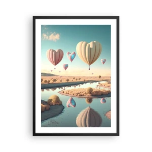 Pôster com moldura preta - Balões em forma de coração flutuando sobre a paisagem - 50x70cm - O amor permite se reerguer - Decoração de parede moderna para a sala de estar e quarto ARTTOR