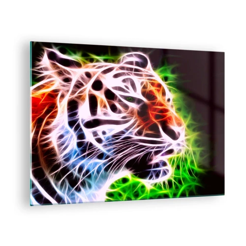 Quadro em vidro - Um tigre em cores neon e luminosas - 70x50cm - Aura perigosa - Decoração de parede moderna para a sala de estar e quarto ARTTOR